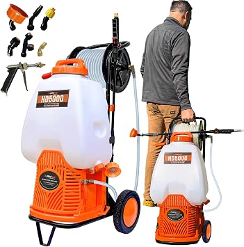 PetraTools Battery Powered Sprayer w/Cart & Retractable 100 ft Hose Reel | 6.5 Gallon Commercial-Grade Reel Cart Sprayer w/ 6-8 Hr Runtime, 7 Nozzles, 4 Ft Hose - For Big Yards, Landscapes, Driveways