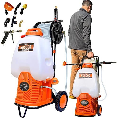 PetraTools Battery Powered Sprayer w/Cart & Retractable 100 ft Hose Reel | 6.5 Gallon Commercial-Grade Reel Cart Sprayer w/ 6-8 Hr Runtime, 7 Nozzles, 4 Ft Hose - For Big Yards, Landscapes, Driveways