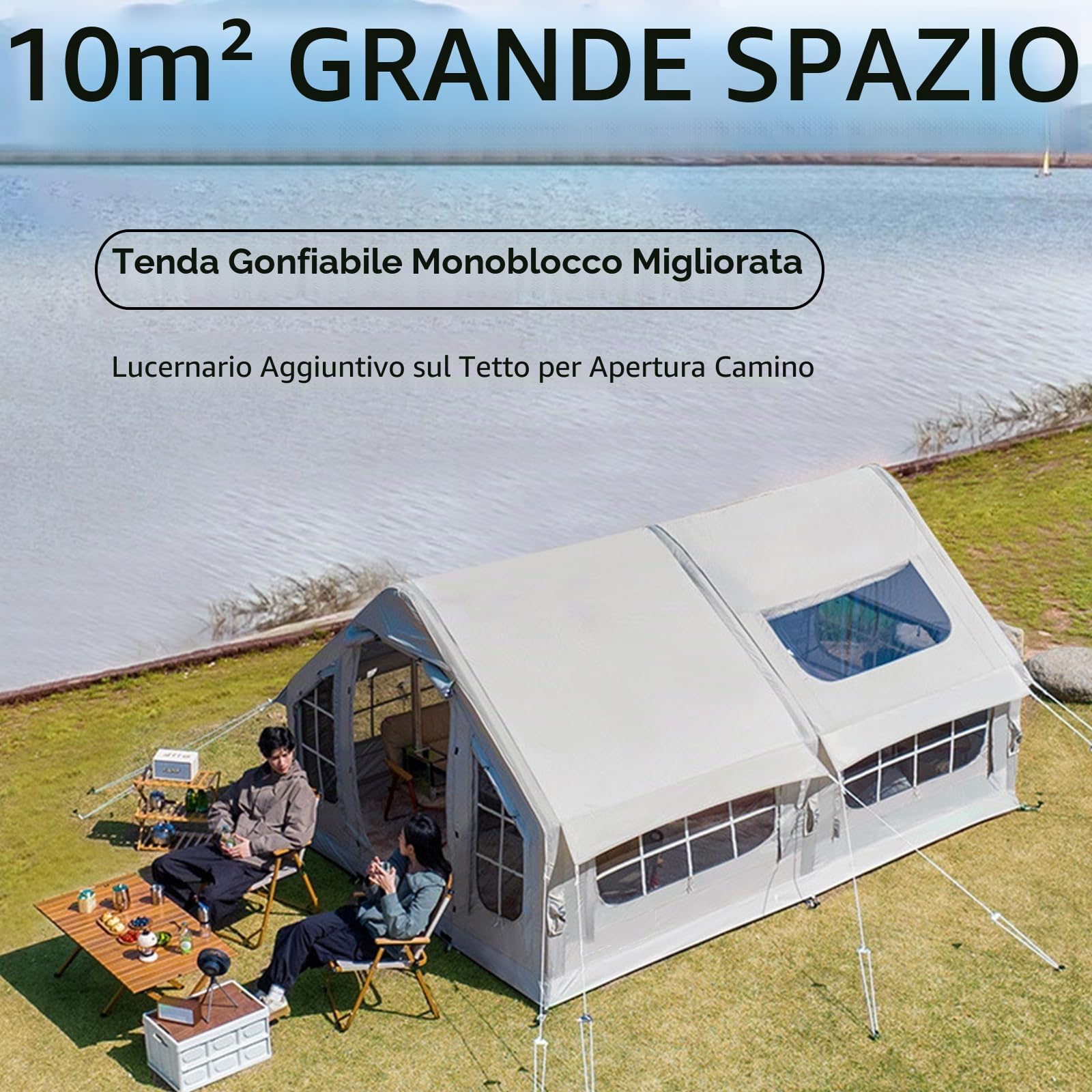 Tenda da Campeggio Gonfiabile Grande 6-8 Posti con 2 Stanze Separate E Porte con Cerniera, Tenda Gonfiabile da Campeggio a Tunnel con Pompa Ad Aria, 385X260X200cm