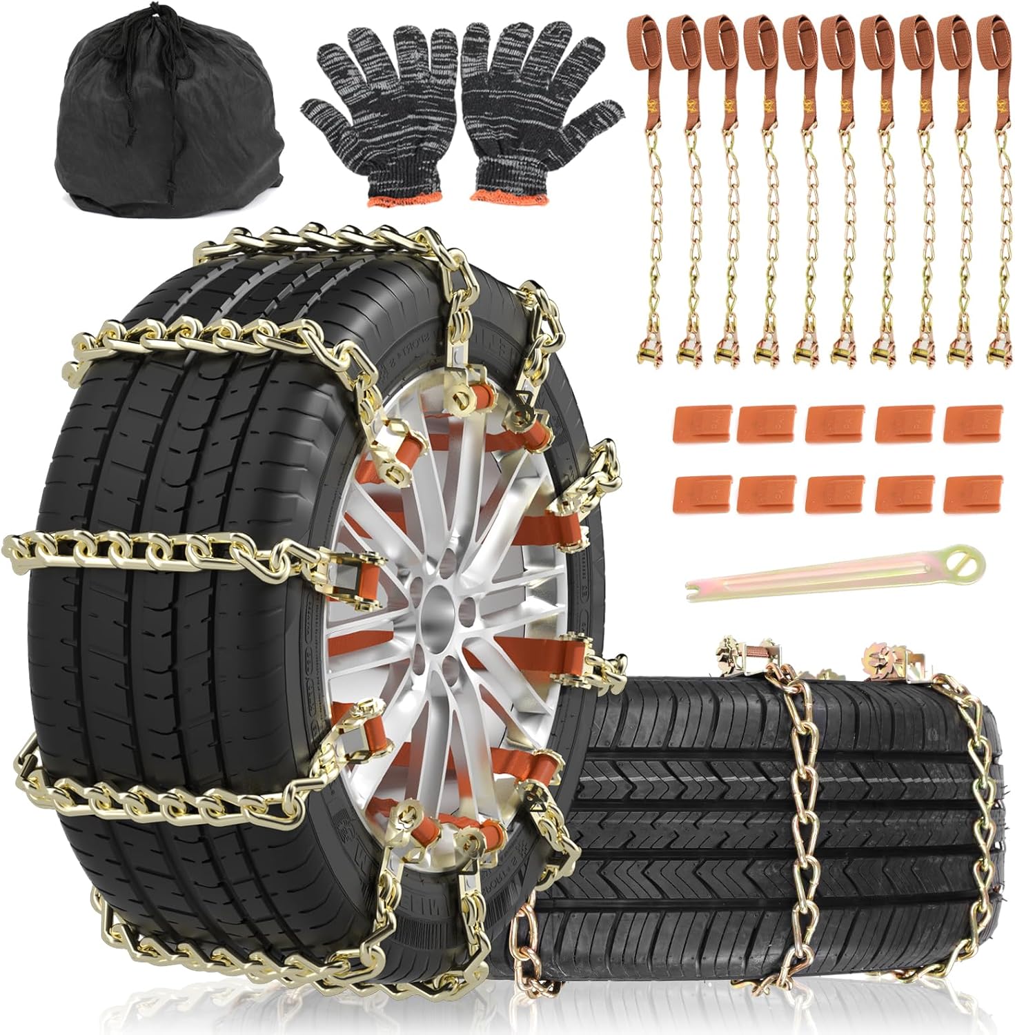 10 Pack Snow Chains For Pickup Trucks, Car, Suv,Rv Universal Snow Tire Chains Adjustable Anti Skid Emergency Snow Chains Easy Installation Tire Traction Chain, Applicable Tire Width 195-275mm