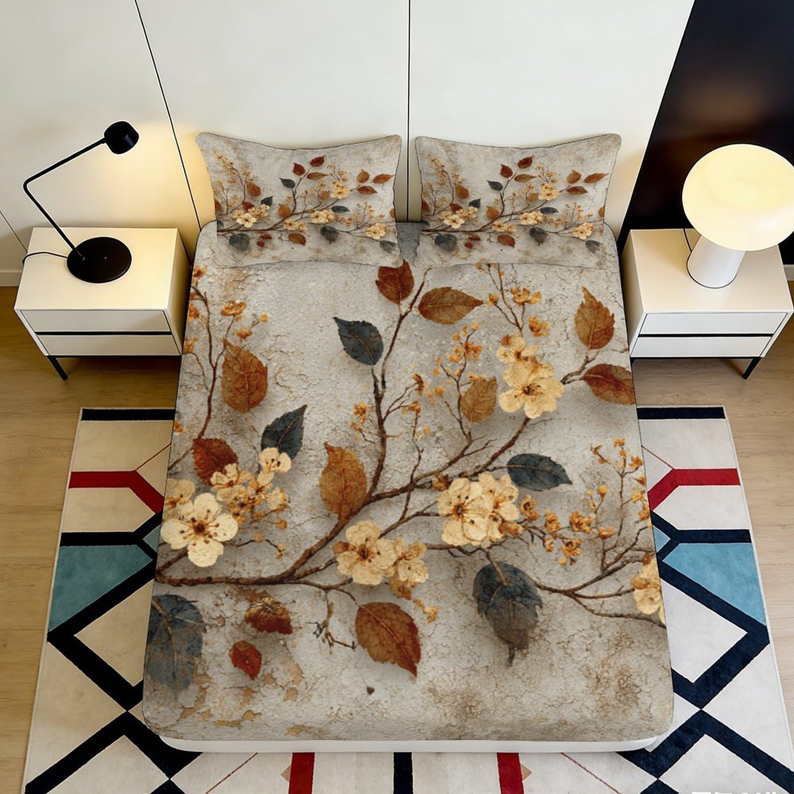 3D Printed Vintage Floral Fitted Sheet Microfiber Anti-Slip Mattress Cover for Bedroom Guest Room Dorm Decor Easy Care 200x200x25cm