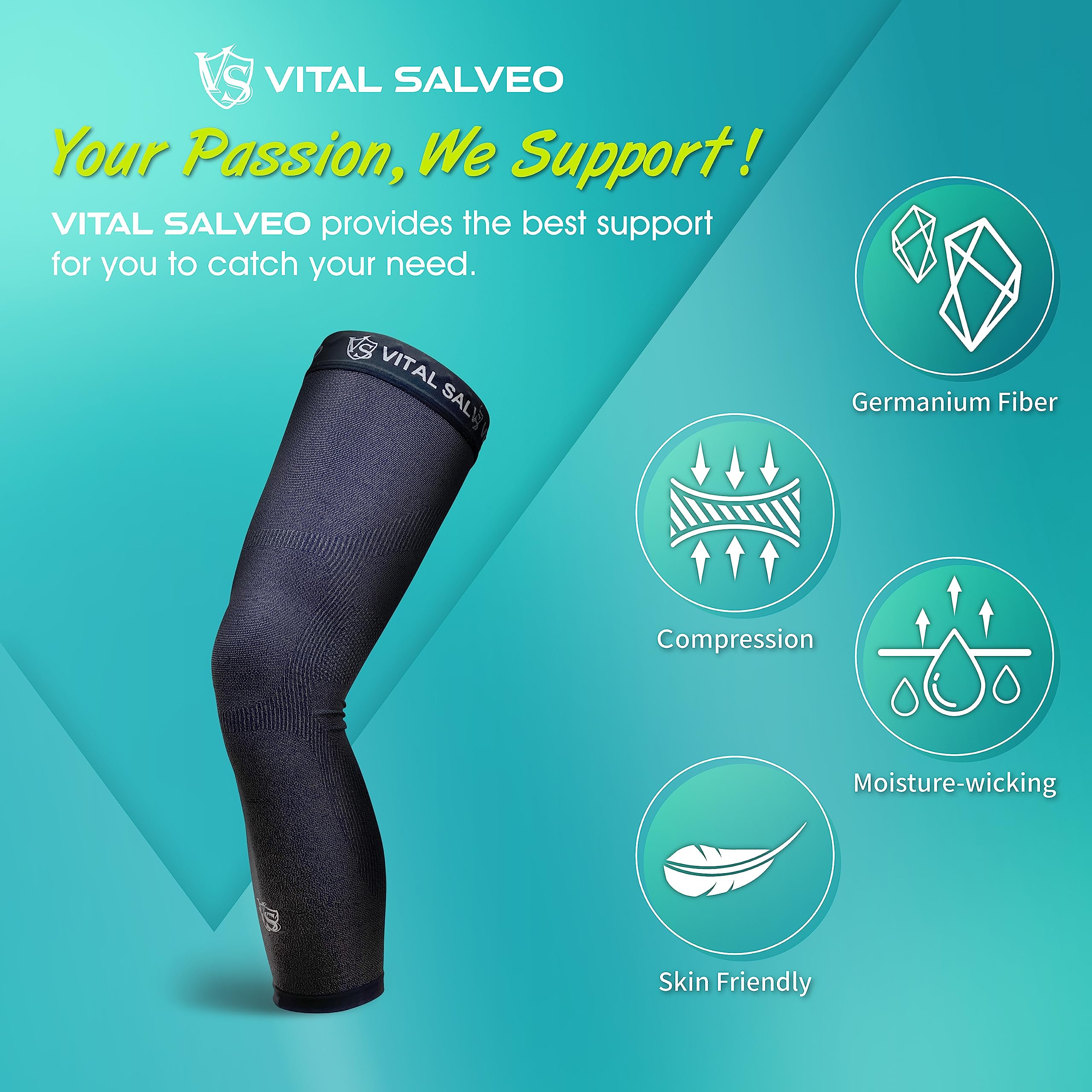 Vital Salveo Germanium & Carbon Recovery Full Leg Sleeve – Compression Leg Sleeve, Long Knee Sleeve for Arthritis, Basketball, Cycling, Football, Dark Grey (1 PC) X-Large