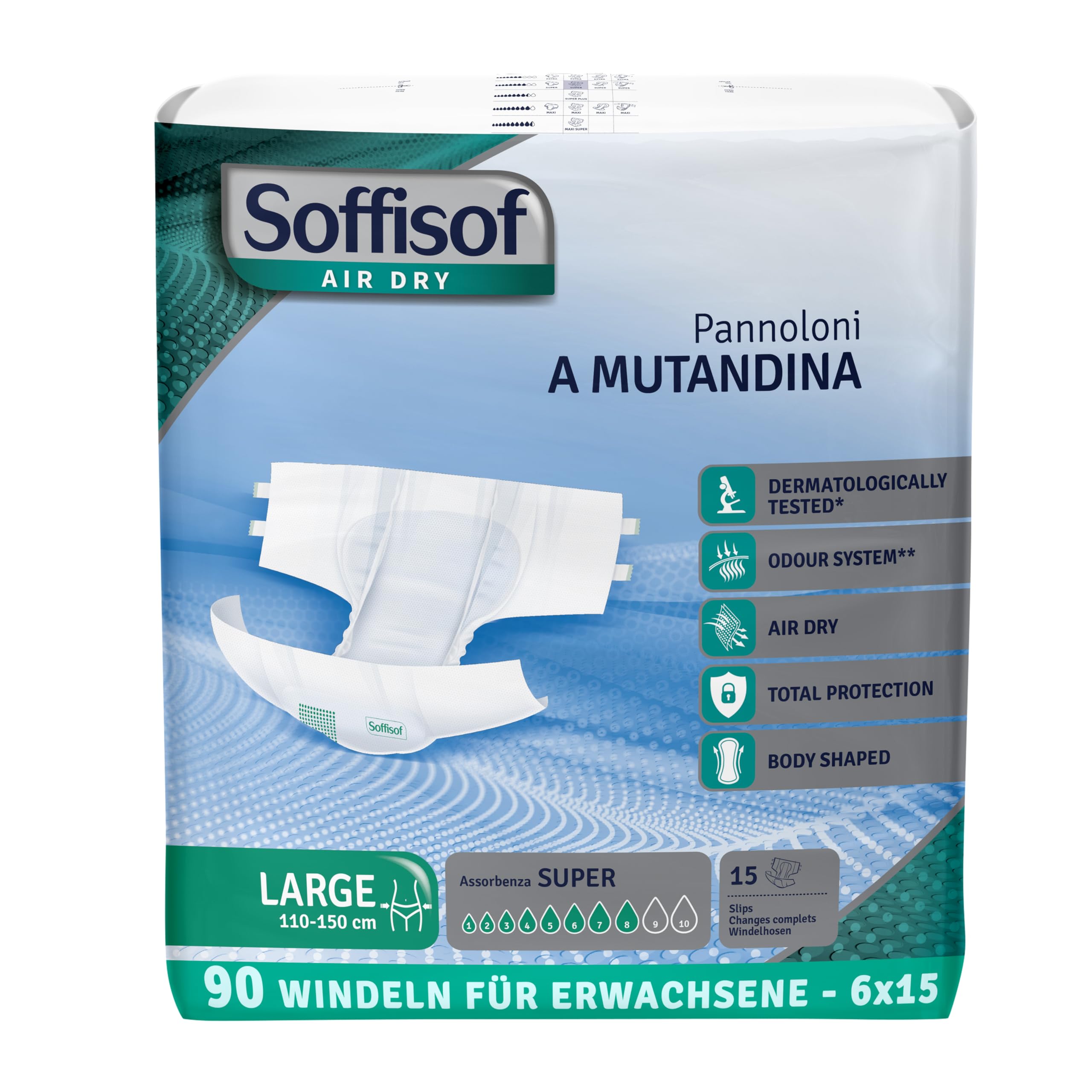 Soffisof Air Dry Windeln für Erwachsene Super L - 90x Inkontinenz Windelslip - 6 Packungen mit 15 Windelhosen, 8 Tropfen - Erwachsenen Windel