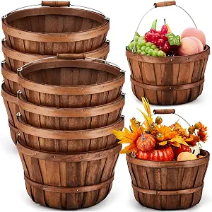 Marsui 8 Pcs Wooden Bushel Baskets 11x6.5 in, Round Apple Picking Baskets