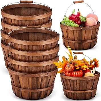 Marsui 8 Pcs Wooden Bushel Baskets 11x6.5 in, Round Apple Picking Baskets
