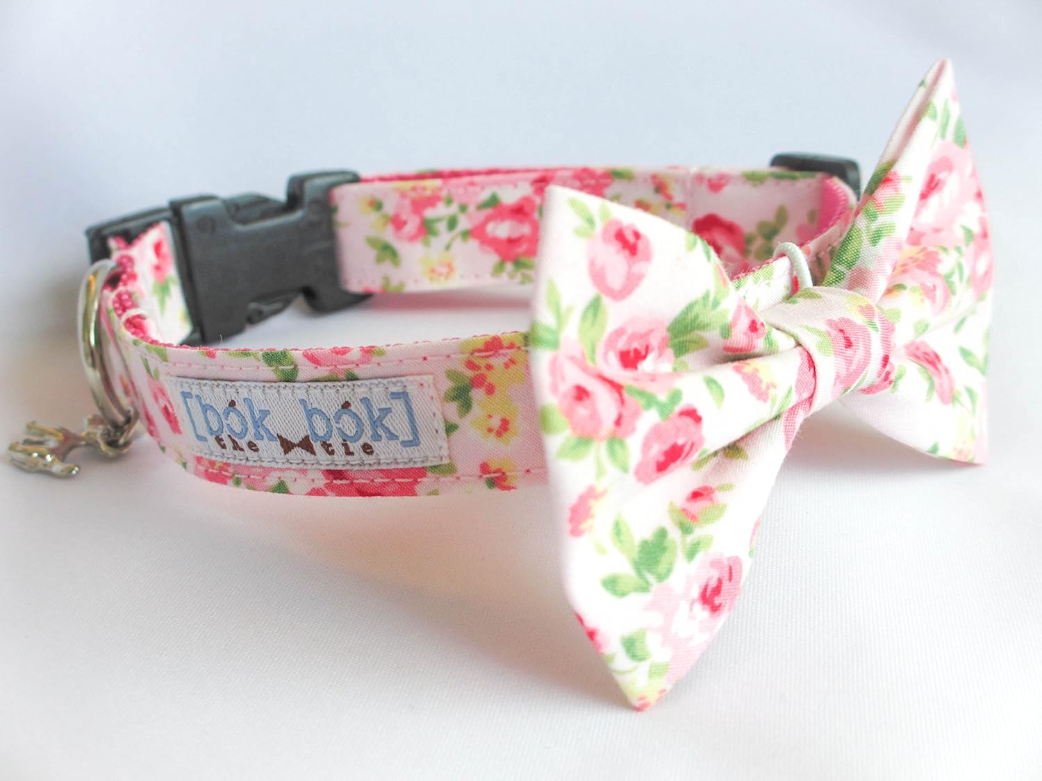 Pink Roses - Hand Stitched Dog Cat Pet Bow Tie with Collar Accessory (Small)
