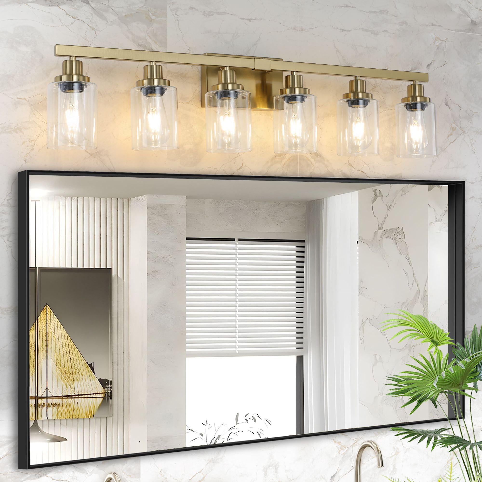 VDOQTLJT Modern 6-Light Bathroom Wall Fixture Elegant Golden Iron with Glass Shades Ideal for Mirrors and Dressing Tables