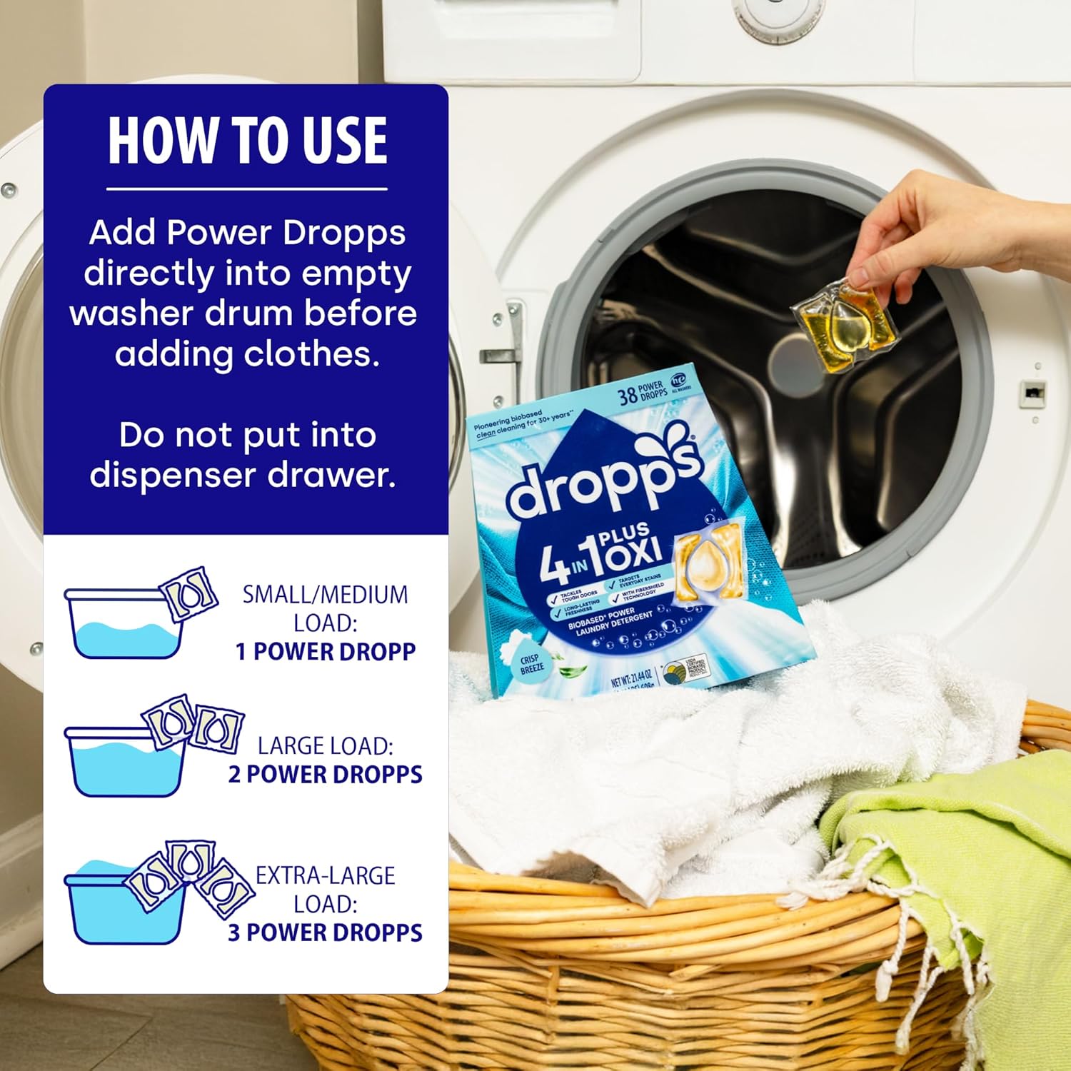 Dropps 4-in-1 Plus Oxi Laundry Detergent Pods, Crisp Breeze (76 Count) - Laundry Pods | Advanced Odor Defense | Fights Stains | Whitens & Brightens | Clean Ingredients | Plastic Free Packaging