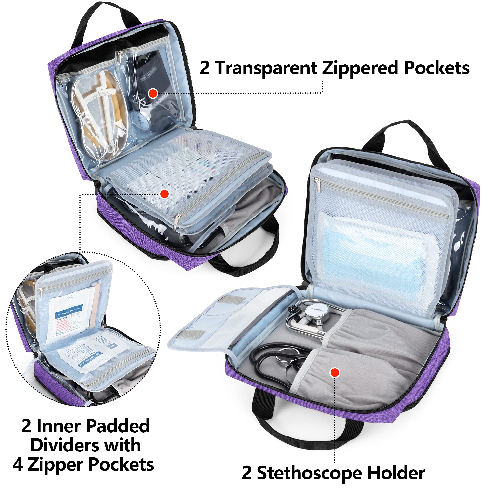 Trunab Bolsa de Estetoscopio Estuche para Estetoscopio Púrpura, Compatible con 3M Littmann/MDF/ADC y Otros Accesorios, Botiquín de Primeros Auxilios Vacío, Bolsa de Farmacia con Varias Bolsitas