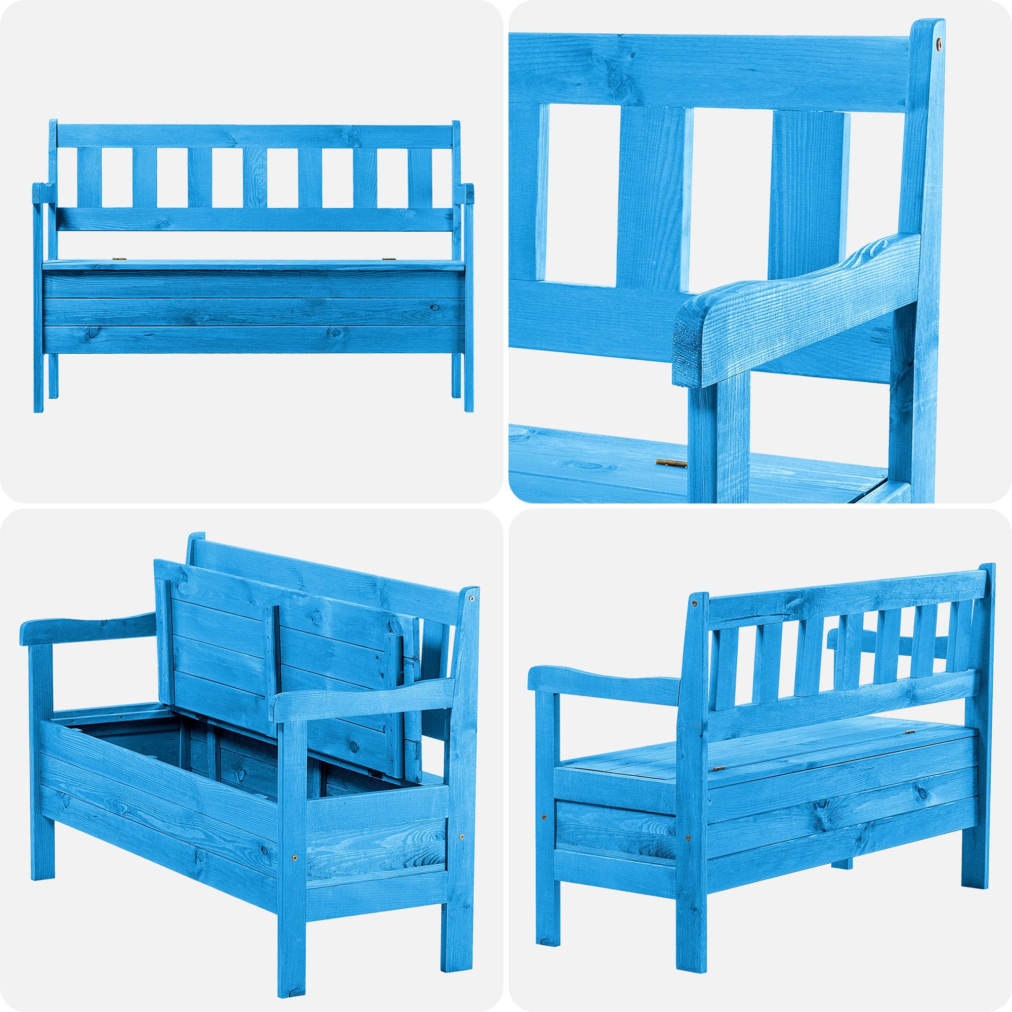KADAX Panchina da giardino, 119 x 43 x 75 cm, cassapanca in legno con vano portaoggetti e schienale, resistente alle intemperie, per giardino, balcone (Blu)