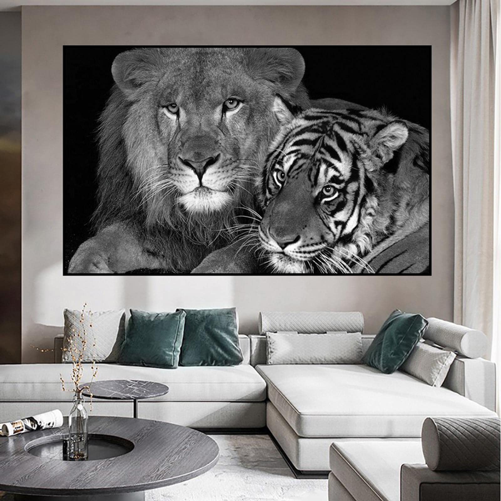 Yooyu Animales Arte de Pared Blanco y Negro León Tigre imágenes Lienzo Pintura Carteles e Impresiones póster decoración Moderna para el hogar 70x105cm sin Marco