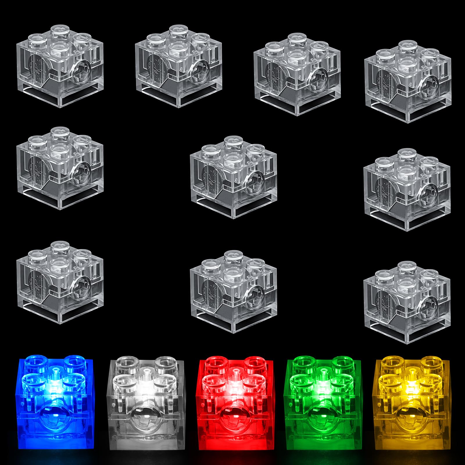 AUAUY Luminous Building Blocks, 15PCS 2 x 2 LED Square Light Block, 5 Colors, Transparent Design, Replaceable Batteries, Compatible with Standard Building Blocks, Suitable for Party Decoration Gift