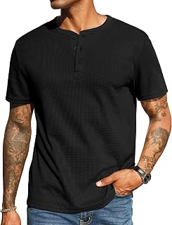 Men's Waffle Henley Short Sleeve Textured T Shirt Casual Button Tee Shirts Heavyweight Henley Summer Top