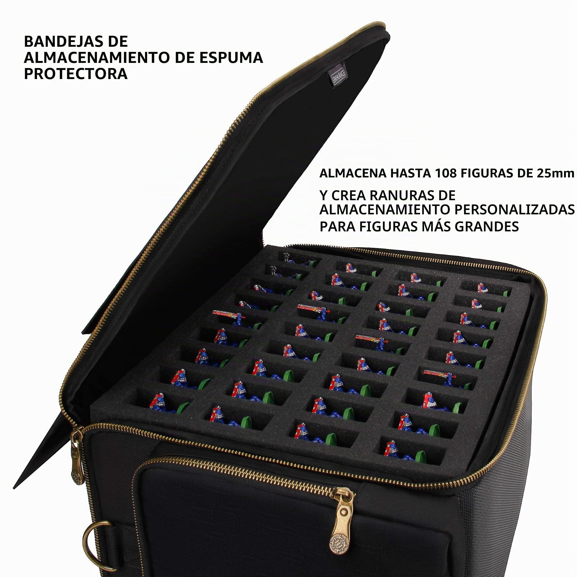 ENHANCE Mochila portátil para Figuras en Miniatura de Juegos Bolsa de Viaje con 4 Capas de Espuma Que se Ajustan a 108 miniaturas de infantería - Bolsillo frotal y 2 Bolsillos para Accesorios