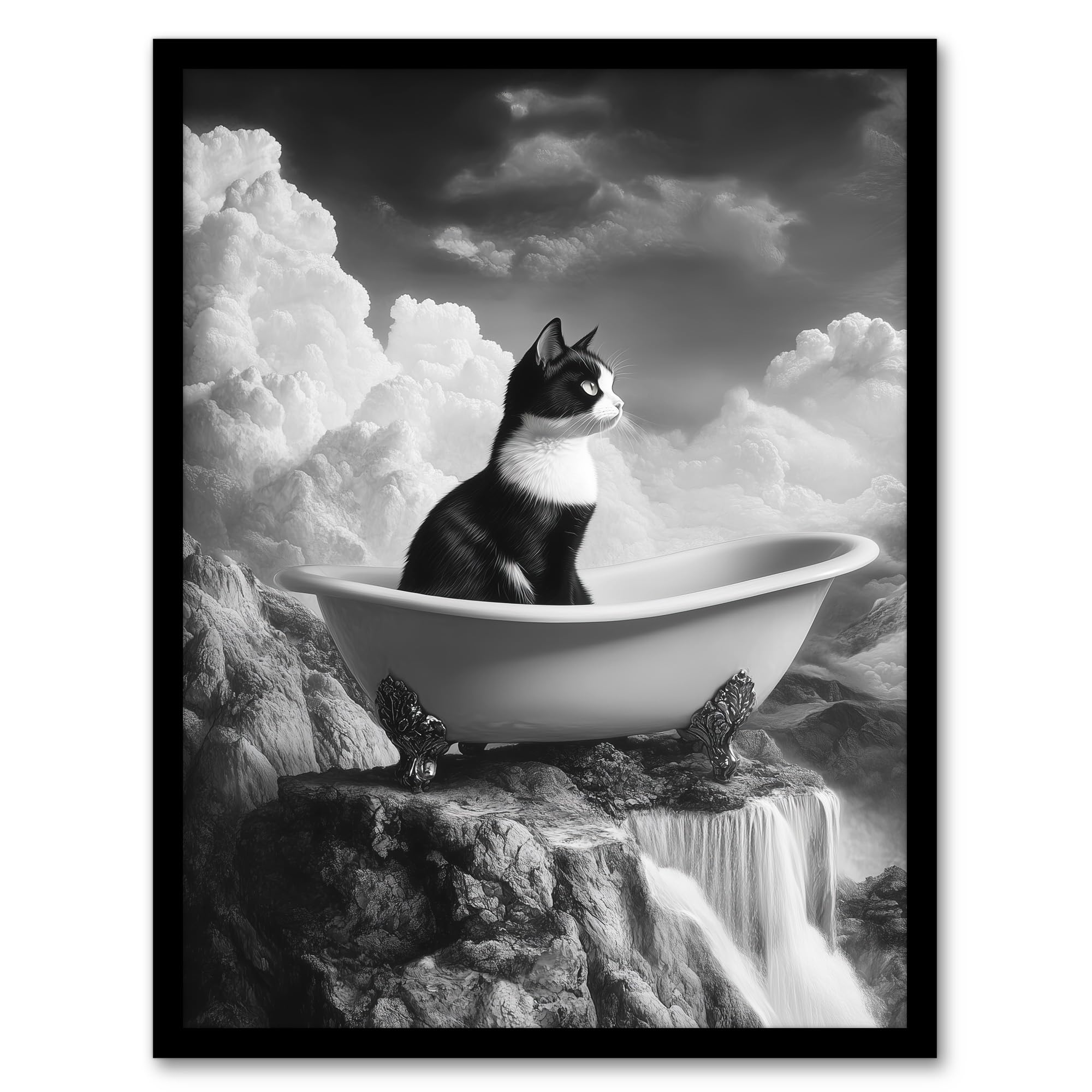 Artery8 Cat Lover Kitten Bathtub Waterfall Cliff Surreal Bathroom Toilet Artwork Framed Wall Art Print A4