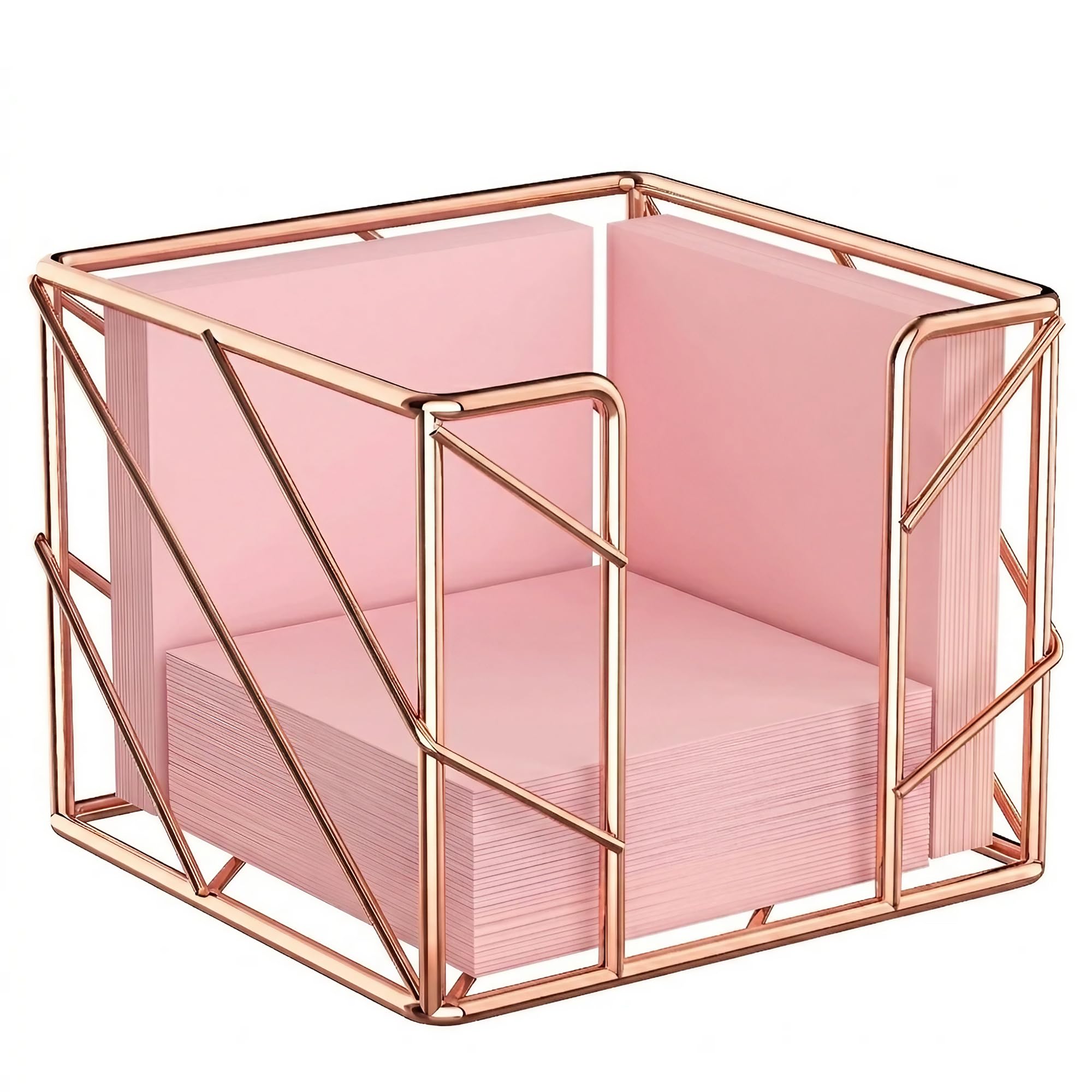TOCCOOL Rose Gold Geometric Sticky Note & Memo Cube Holder, Post Note Dispenser & Desk Organizer Metal Wire for Home, School, Office Supplies (Holder Only)