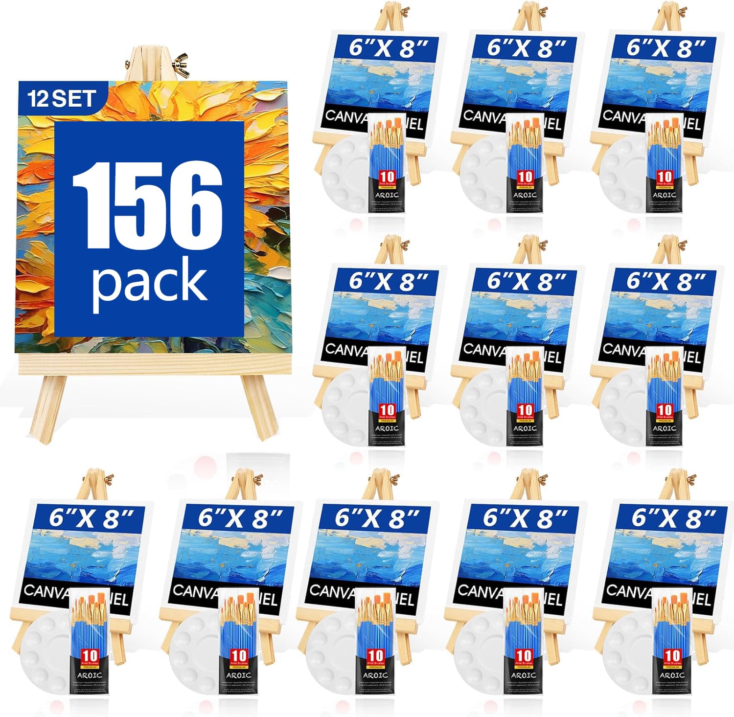 AROIC Professionelles Malset mit Staffeleien, 12 Holzstaffeleien, 120 Pinsel mit Nylon-Pinselkopf, 12 Zeichenbretter und 12 Paletten, Malzubehör-Set für Kinder und Erwachsene zum Malen, 156-teilig,