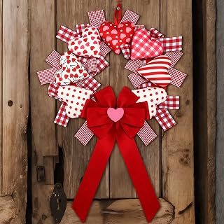 Suncalla Valentine's Day Wreath 14'' Love Heart Wreath with 3D Heart Ornaments for Front Door 24'' Long Window Porch Home Wedding Festival Celebration Wall Decorations(Bow)