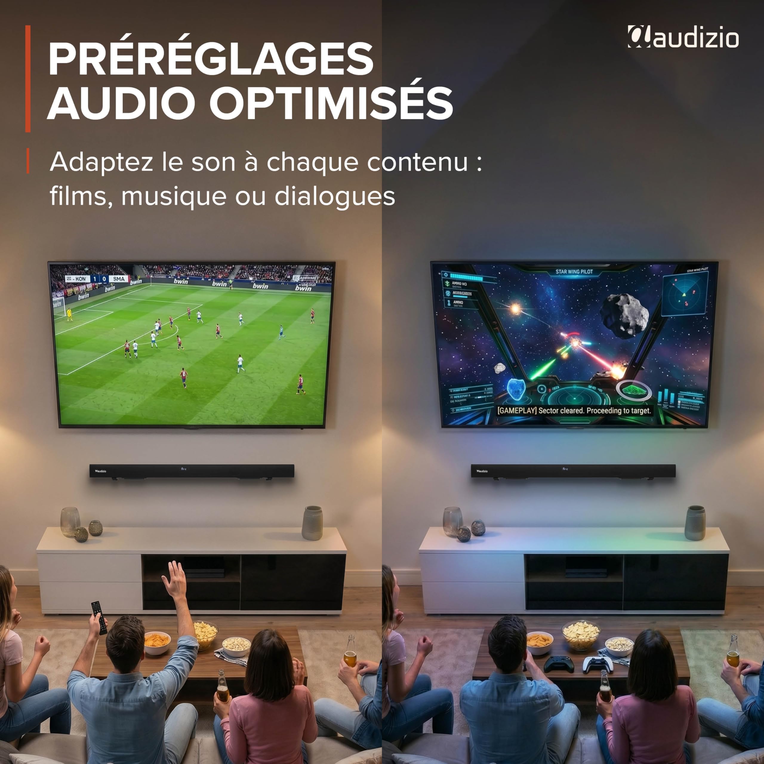 Audizio SB95 Soundbar TV Bluetooth 5.3 HDMI Arc 120W 88 cm Optique Coaxial USB AUX 2 Mini Subwoofers Intégrés