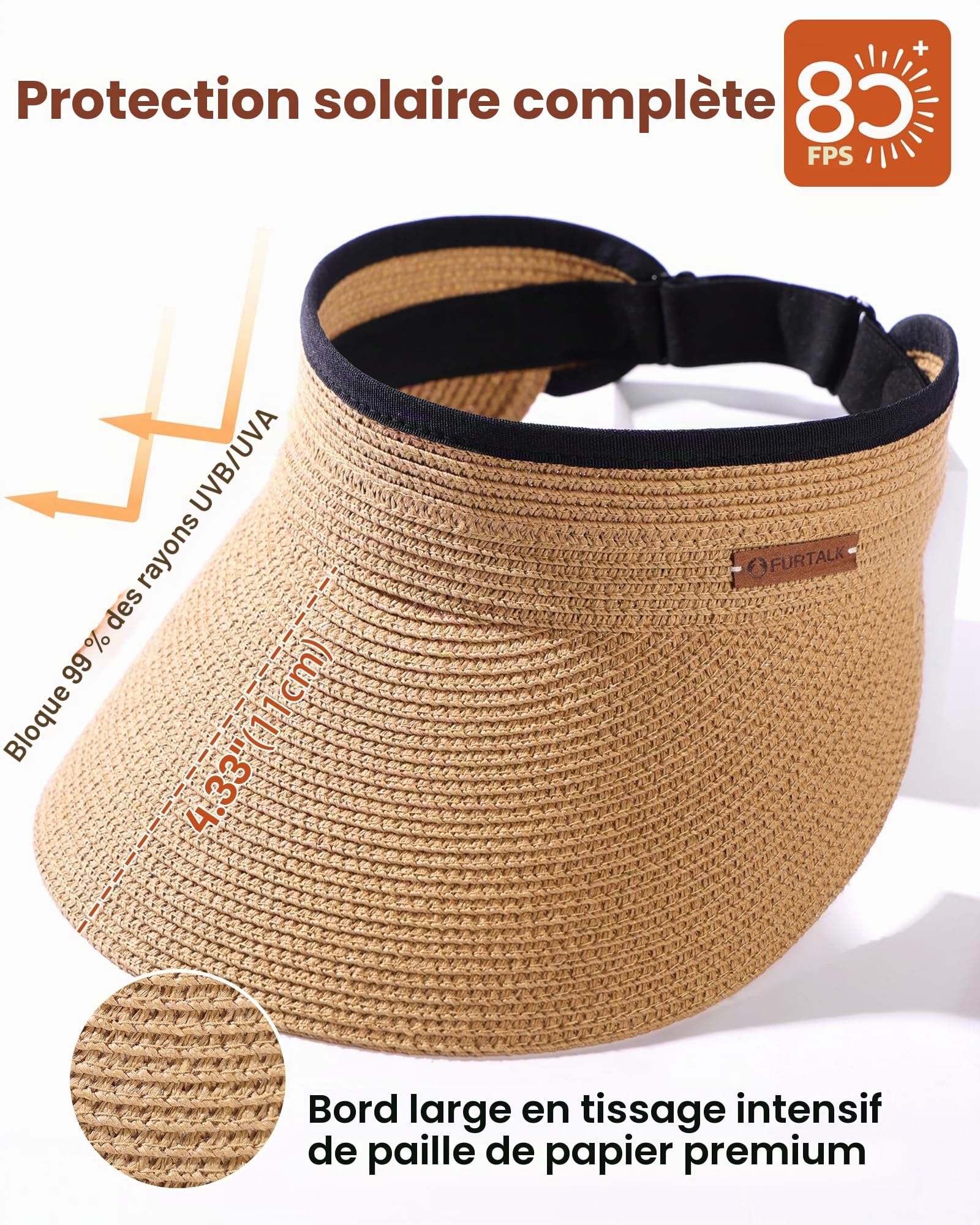 FURTALK Chapeau de Soleil Femme Paille UPF 50+ Pliable Visor Cap