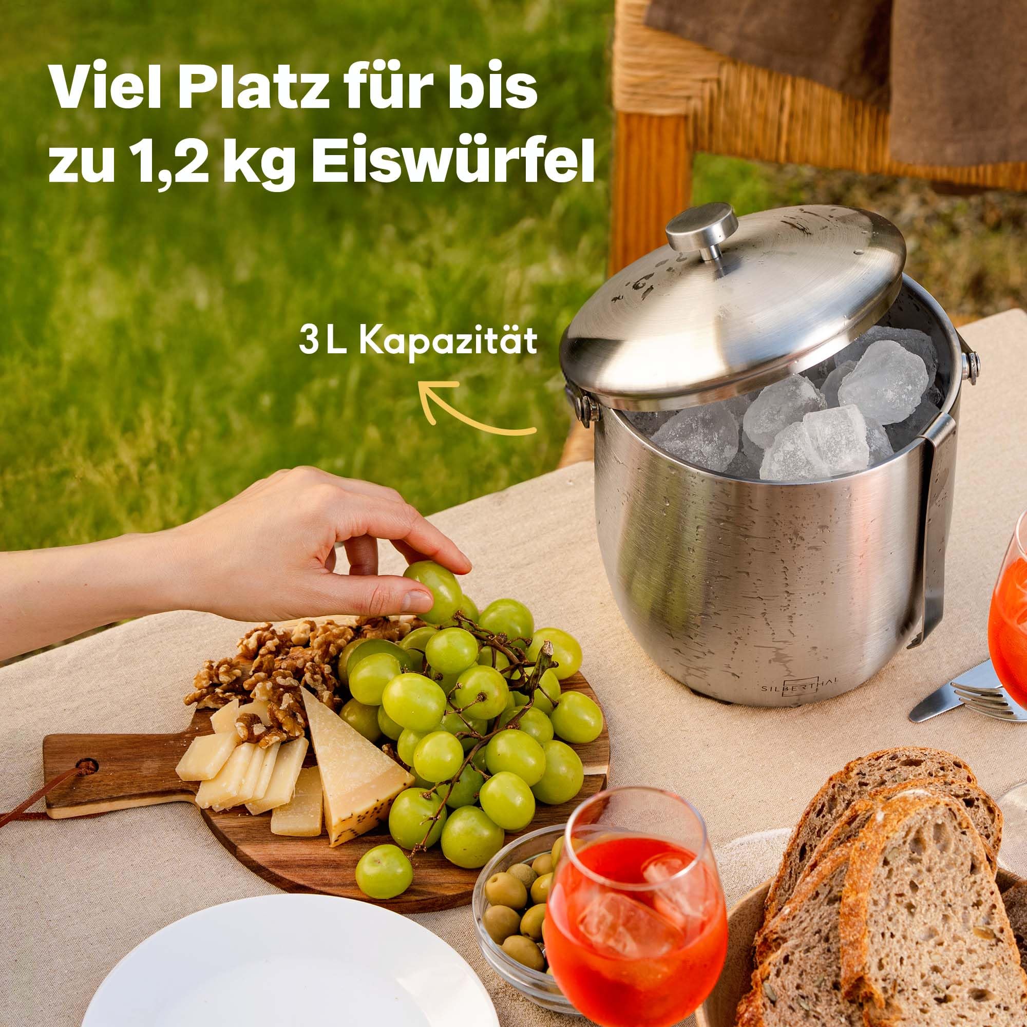 SILBERTHAL Eiswürfelbehälter Edelstahl 3L – Doppelwandig Isoliert – Eisbehälter mit Deckel & Zange – Eiskübel Ice Bucket für Cocktails, Wein, Sekt & Alkoholfreies – Weinkühler Flaschenkühler
