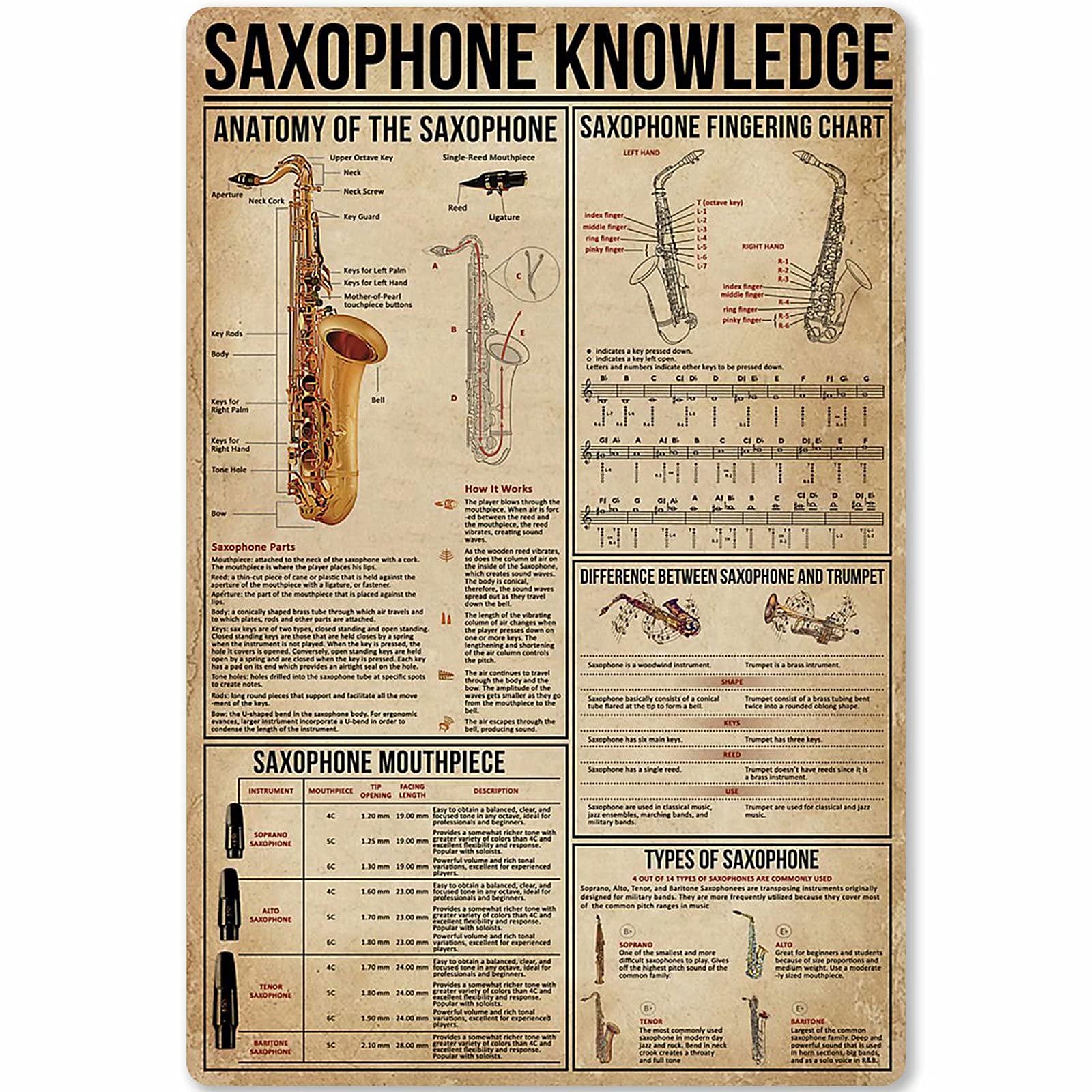 peiyeety Saxophone Knowledge Posters Metal Signs Musicians Popular Science Guide Room Home Bathroom Club Wall Decor Retro Plaque es 8"x12"