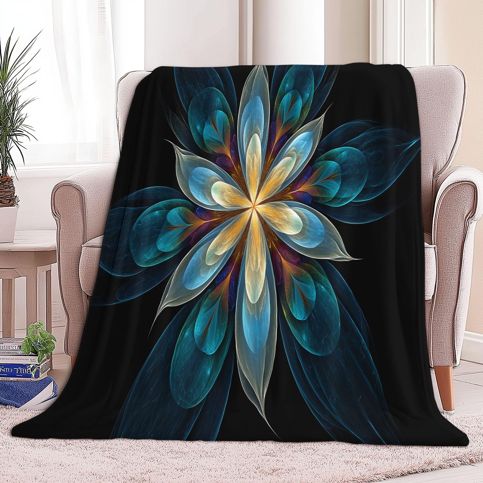 Koc flanelowy 220 x 240 cm Puszysty abstrakcyjny kwiatowy koc z mikrofibry, na sofę i łóżko, miękki i ciepły koc flanelowy, czarny