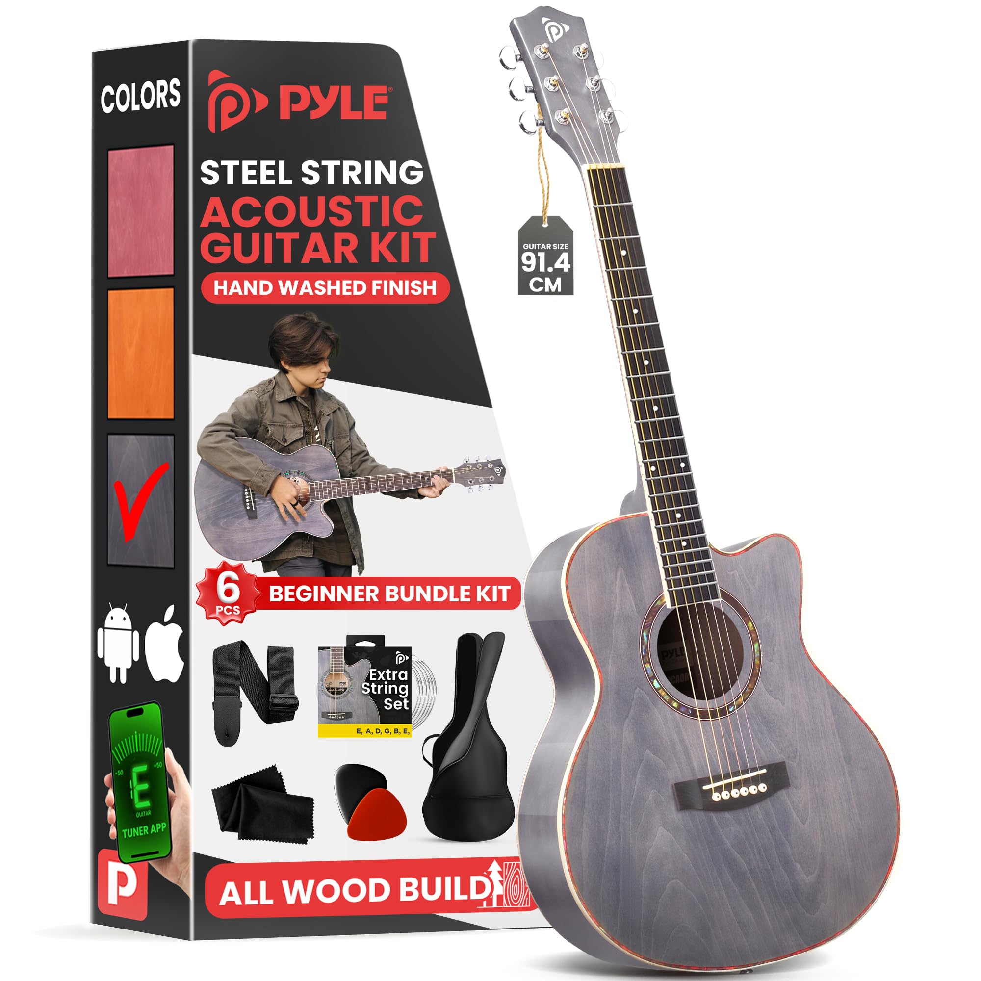 Sponsored Ad – Pyle Cutaway Acoustic Guitar Kit - 3/4 Size 36"/91cm for Beginners, Kids, Adults - 2 Month Free Courses, 6 Strings, Gig Bag, Tuner, Picks, Strap - Grey