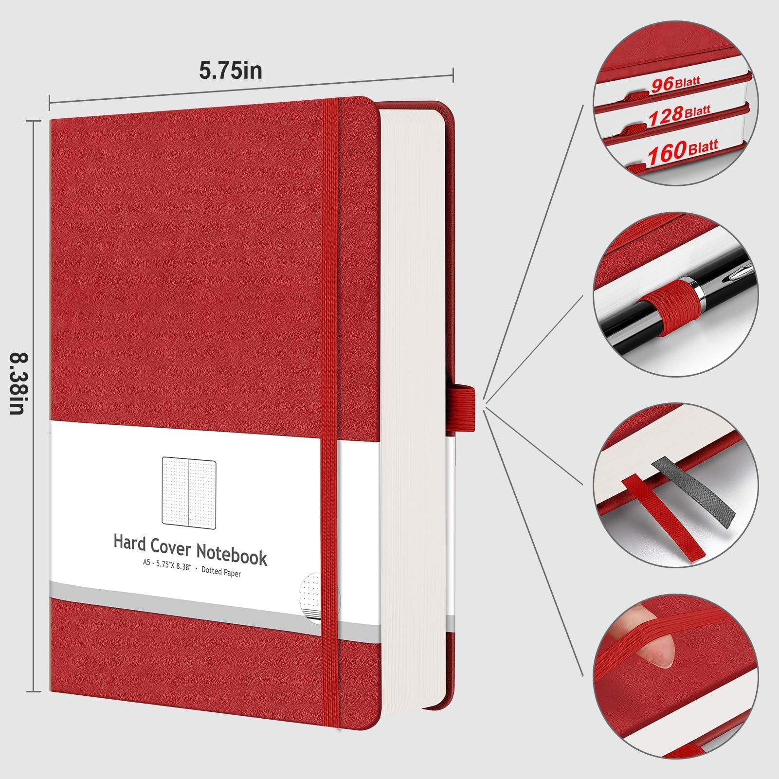 AHGXG Diario de puntos con viñetas, 320 páginas numeradas, cuadrícula de puntos, diario grueso A5, papel punteado grueso de 100 g/m², tapa dura de cuero, bolsillo interior, 14 x 21 cm, color rojo