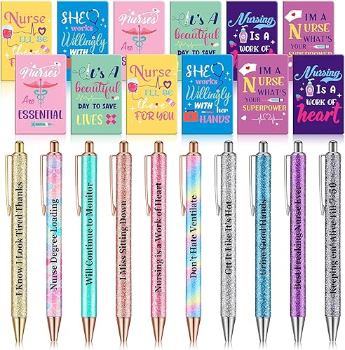 22 bolígrafos divertidos para enfermeras y mini cuadernos de enfermera, 10 bolígrafos de purpurina de colores y bloc de notas de 12 bolsillos,