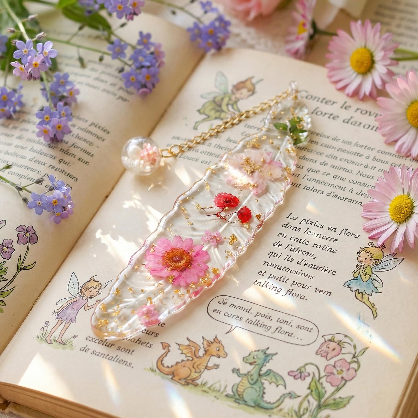 Bojury Bookmark with Page Holder, Pressed Flowers Resin Book Mark Gift for Women, Book Lovers, Teachers, Mothers, Grandmothers & Girls Pink - Image 2