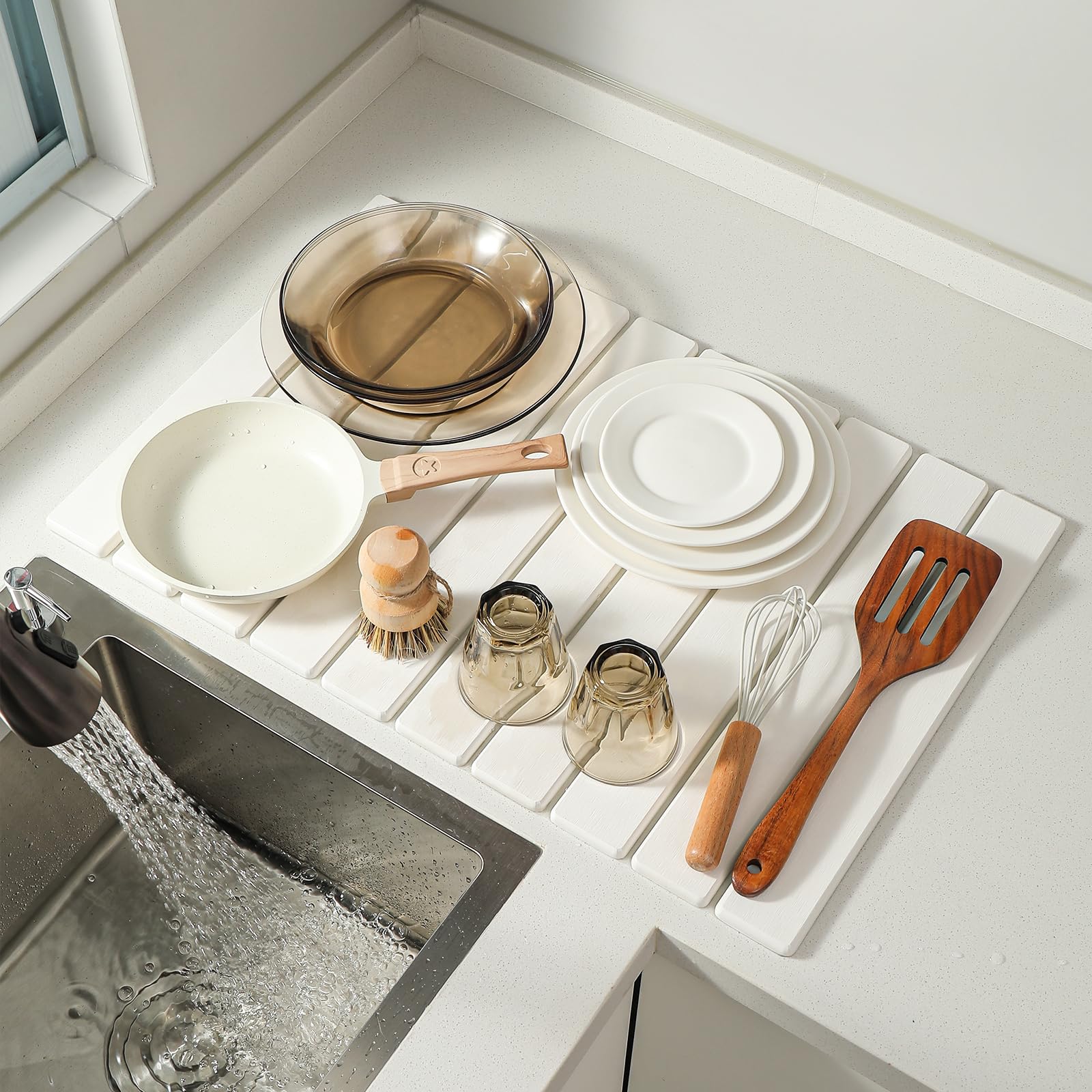 Large Stone Drying Mat for Kitchen Counter, 24''L x 16''W Diatomaceous Earth Collapsible Dish Drying Mat, Quick Drying Mat for Dishes, Glasses and Flatware, Matches Any Countertop (White)