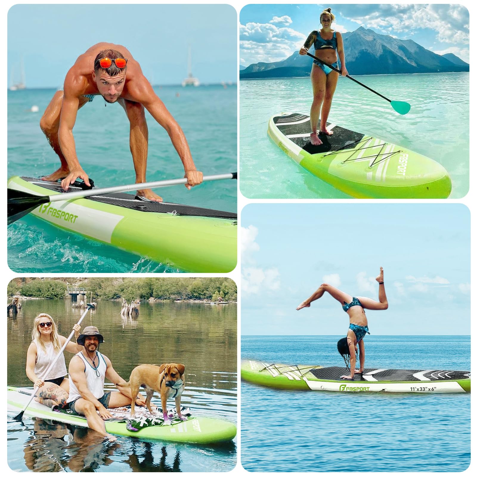 FBSPORT Planche à pagaie gonflable de qualité supérieure avec accessoires durables et sac de transport | Large position, contrôle du surf, pont antidérapant, laisse, pagaie et pompe pour jeunes et