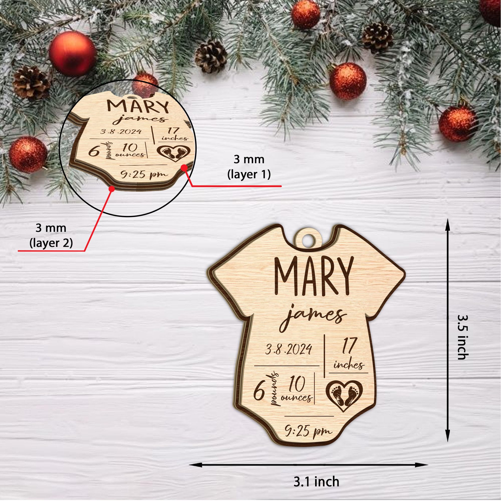 Personalized Wooden Baby's First Christmas Ornament with Birth Stats, Custom Baby Announcement with Birth Statistics Ornaments for Xmas Tree, Baby Bodysuit Keepsake for Baby Boy Girl Newborn Grandbaby