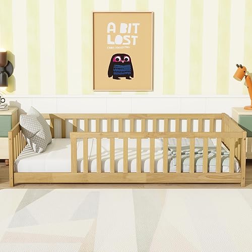 Miniatura 44 de Harper & Bright Designs Cama de suelo tamaño Queen con valla y puerta, marco de cama Montessori de madera para niños, niñas, listones incluidos, no