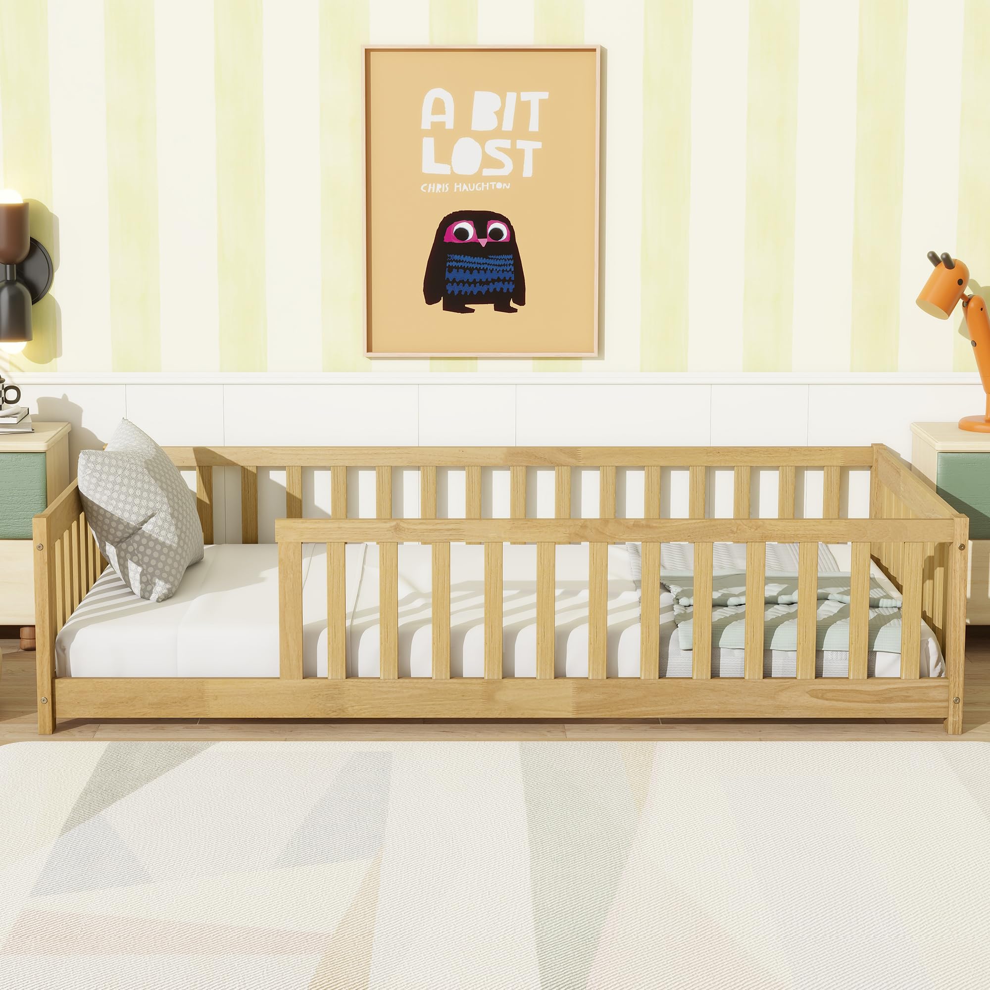 flieks twin size floor bed with fence without door, rubber wood floor bed with safety guardrails,natural