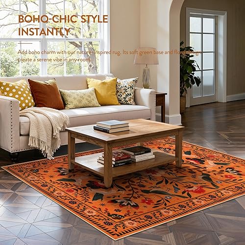 Miniatura 3 de Moynesa Alfombra de dormitorio de 5 x 7 pies, lavable, estilo bohemio, escandinavo, naranja, para sala de estar, comedor, lectura, alfombra moderna
