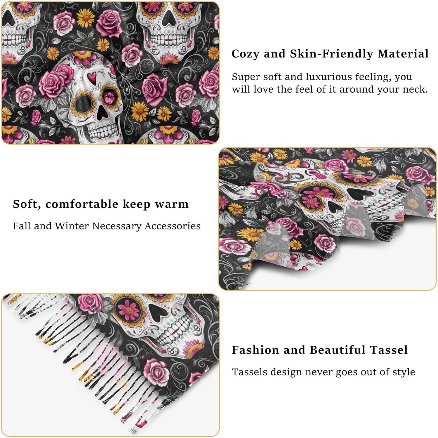 Winter Scarf for Women Skeleton Pink Yellow Flower Fashion Tassel Shawl Wraps for Women, Cold Weather Warm Womens Scarves Soft Long Scarf Gifts