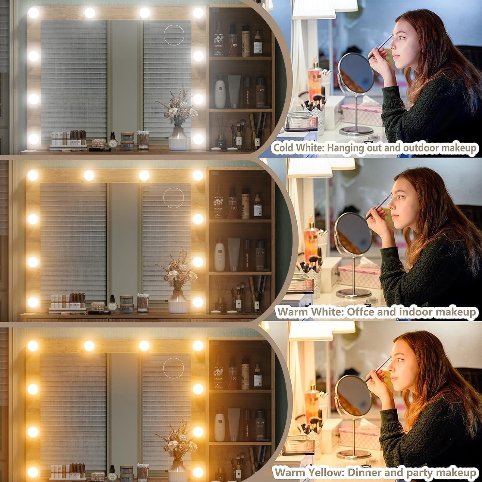 Yanosaku 47" Fluted Vanity Desk with Mirror & LED Lights, 7-Drawer Makeup Vanity with Glass Top & Cabinet, Vanity with Chair & Charging Station, 3 Lighting Modes, for Bedroom, Natural Oak