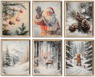 Winter Christmas Wall Art Prints – Rustic Holiday Home Decor, Nordic Santa Reindeer Gingerbread Pinecone Snow Forest Paintings – Vintage Farmhouse Xmas Decorations for Living Room & Bedroom ( 8x10 ,Unframed)