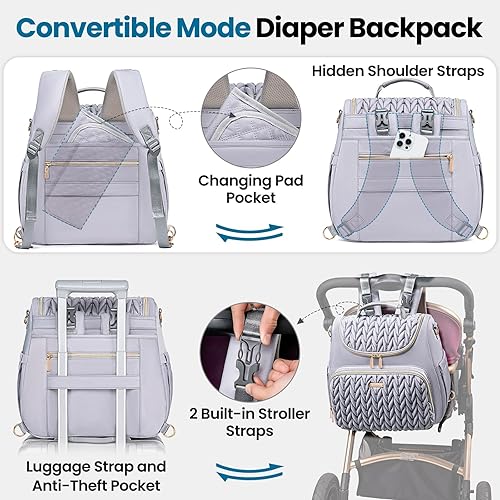 Miniatura 4 de Mochila de pañales convertible 4 en 1, bolsa de pañales impermeable para bebé con cambiador, se convierte en bolsa de bebé, mochila para pañales,