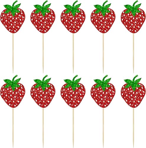 Miniatura 3 de Paquete de 24 adornos para cupcakes de fresa, con purpurina, para cumpleaños, para frutas, baby shower, niños, cumpleaños, verano, bayas, cupcakes,