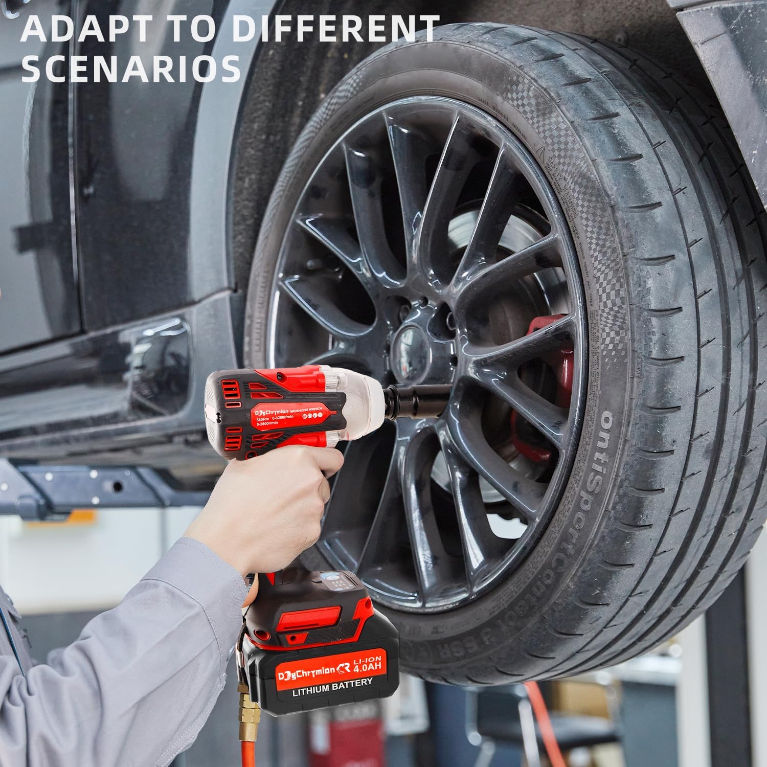 DOGCHRYMIONCordless Impact Wrench 1/2'm Torque 320 NM, Brushless Motor, Max 3200RPM,inculde 4 Sockets,1 * 4.0 Ah Battery and Charger in Combo Kit
