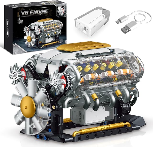 V8 Engine Building Kit that Runs, Build Your Own MOC Mini V8 Engine Model Toy for Adults, Compatible with Lego Car Set, STEM Building Project for Teens & Boys 8-14+ (703 PCS)