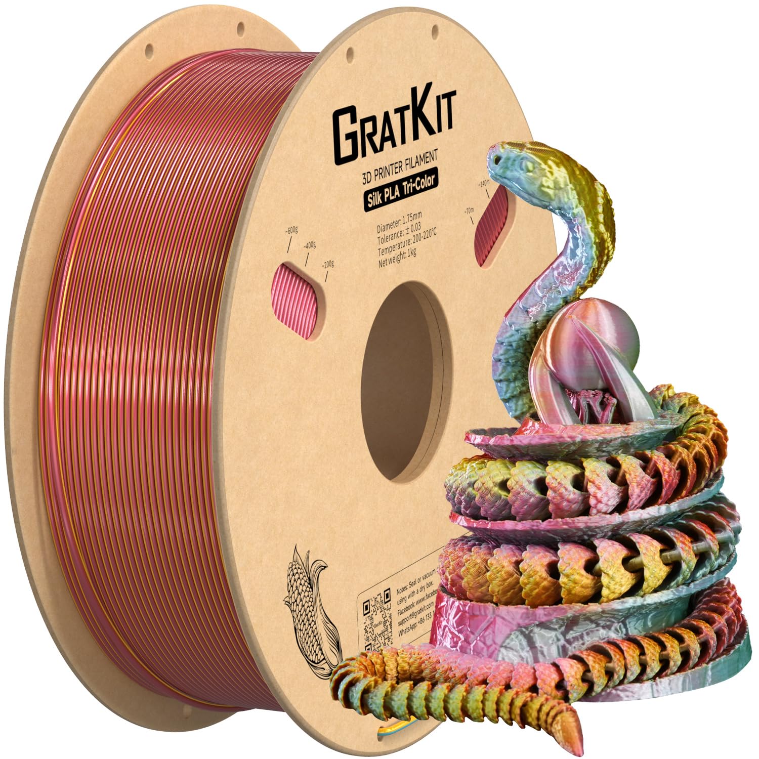 Gratkit Silk Tri-Color PLA Filament, 1.75mm, 1KG, Silk PLA Blue Gold Red