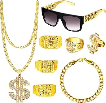 Hip Hop Costume Accessories, 80s 90s Accessories Outfit Rapper Costume Gangster Costumes with Fake Gold Chain Gold Digger Costumes for Men Women for Party Favors Carnival