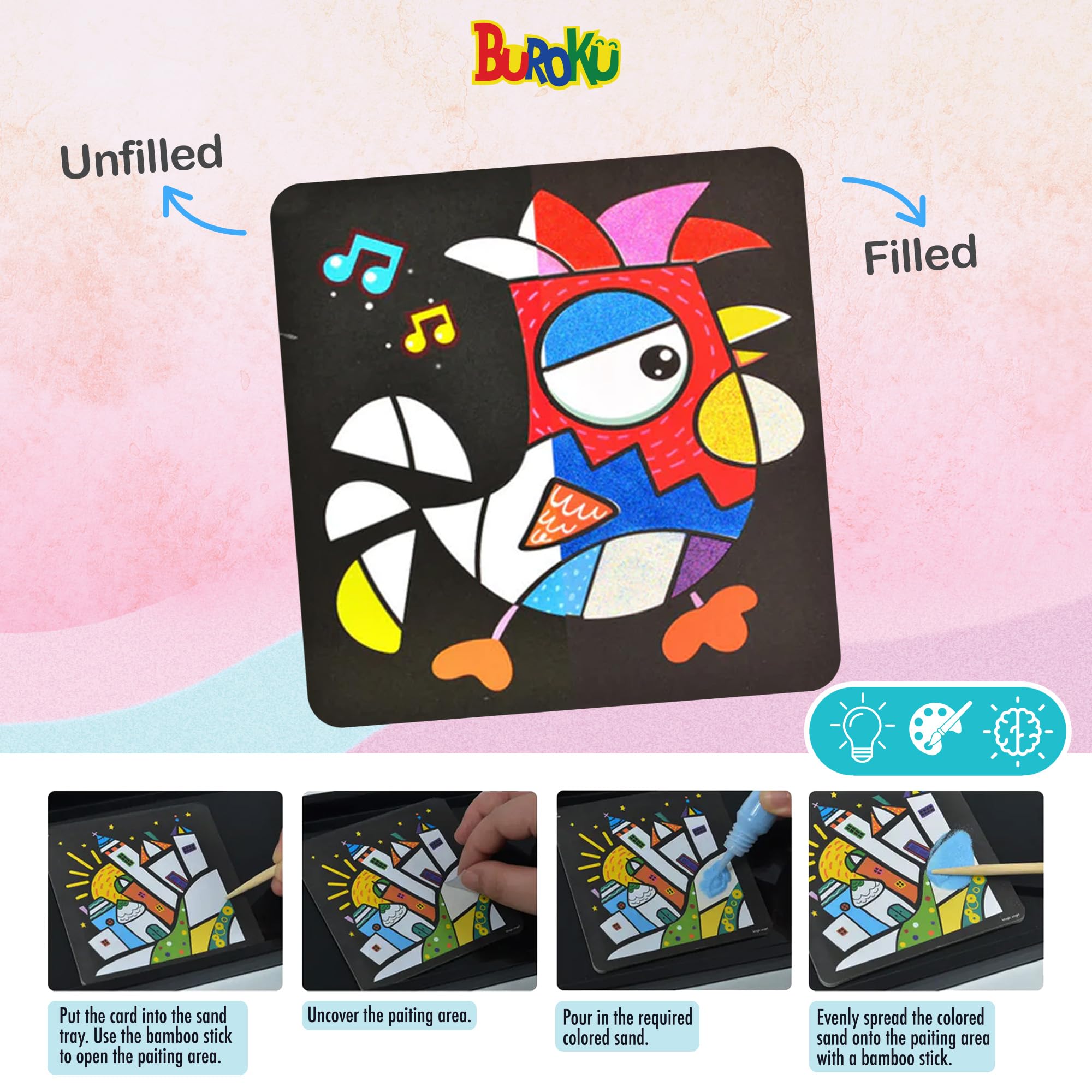 Buroku Kit D’Art Sur Sable – 10 Feuilles Adhésives + 10 Couleurs, Activité Créative Et Motricité – Dès 3 Ans