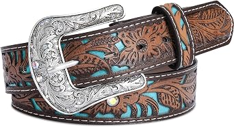 Western Belts Vintage Cowgirl Cowboy Country Belt for Woman Men Gifts, Carved Buckle-Belts for Jeans Pants Dresses