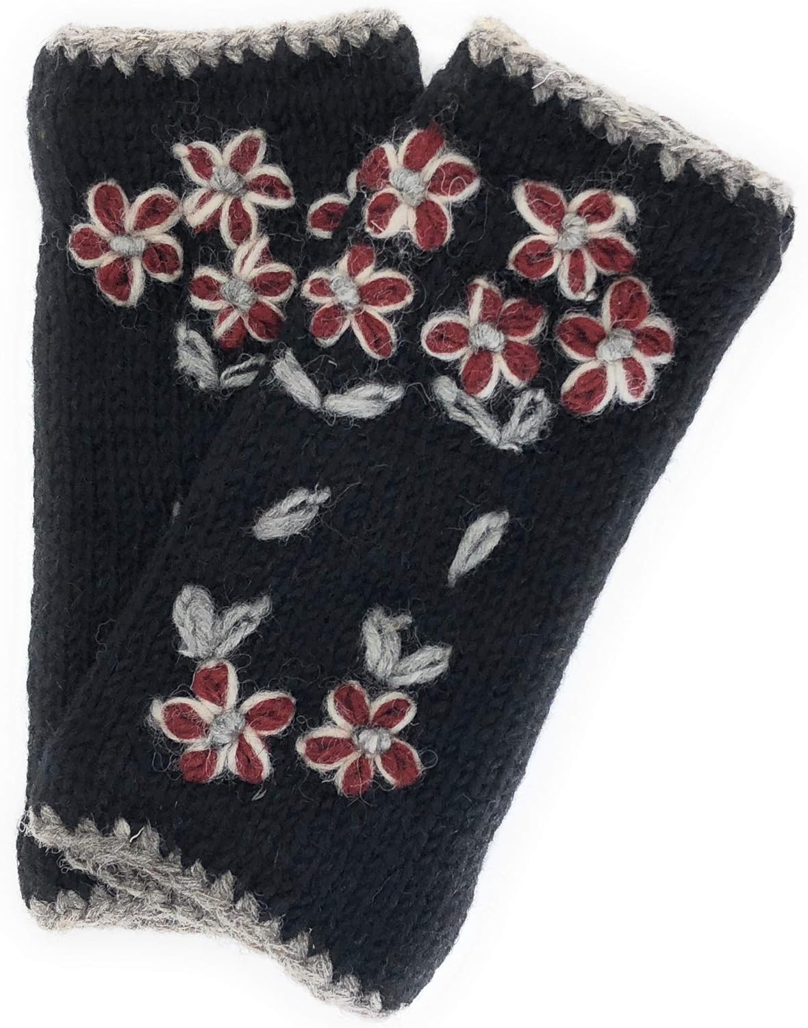 Hand Knit Fingerless Embroidered Flower Winter Wool Texting Gloves Mittens Warm Fleece Lined - Image 2
