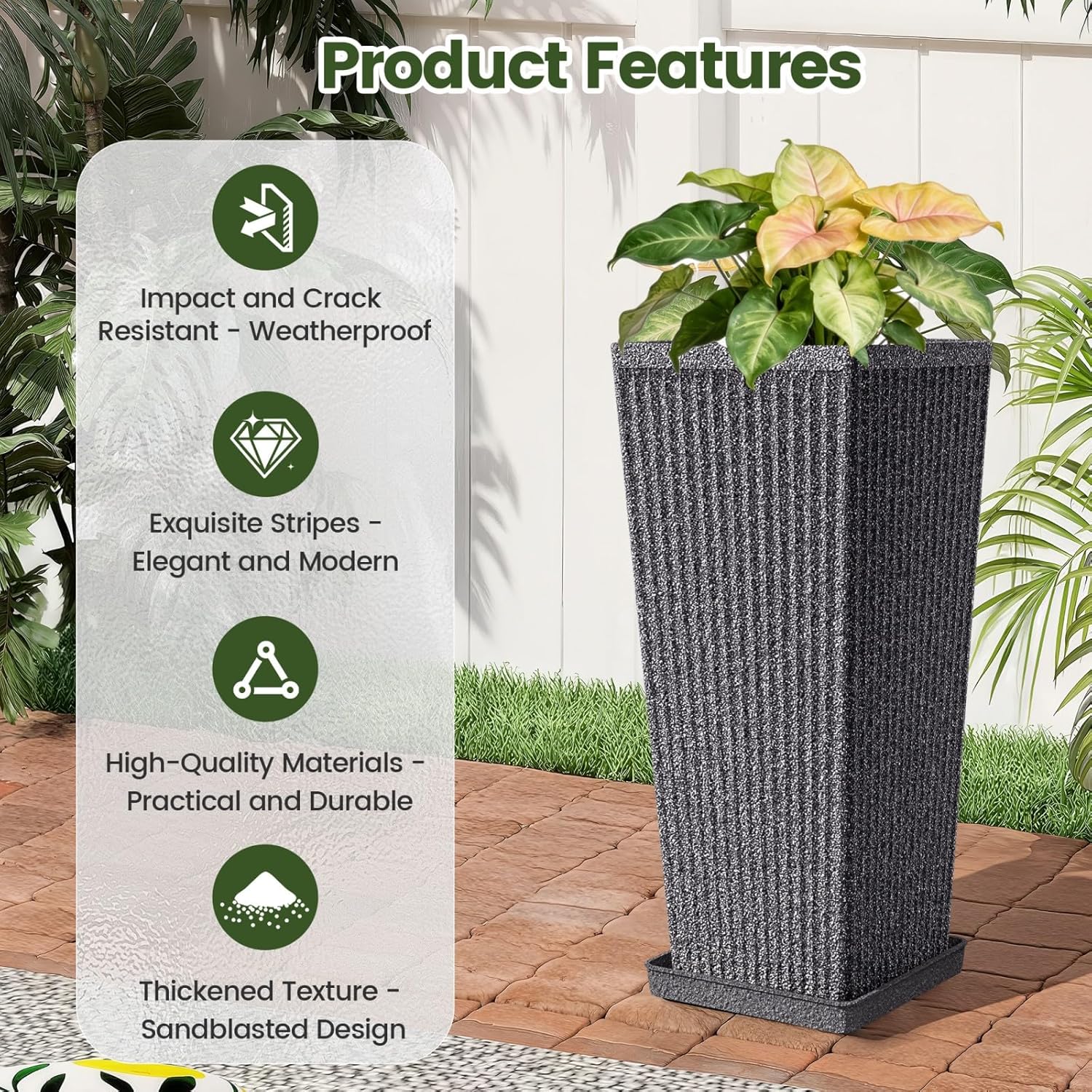 Front Porch Planters Outdoor Set of 2, 24" Tall Plastic Planters for Outdoor Plants with Drainage, Extra Large Outdoor Planter Pots, Tapered Tall Planters for Front Door & Indoor Plants, Grey